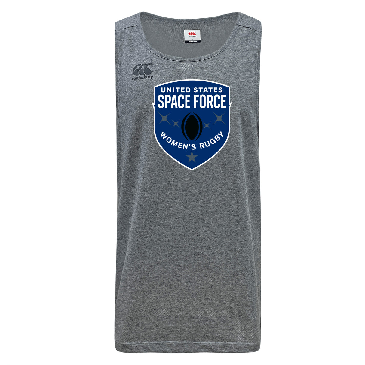The US Space Force Women's Rugby Tempo Vapodri Singlet by WRS Canterbury is a gray, quick-drying recycled polyester singlet with the "United States Space Force Women's Rugby" logo in blue and white on the chest.