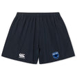 The US Space Force Women's Rugby Yokohama Short by EMB Canterbury features an elastic waistband, the Canterbury logo on the left leg, and a U.S. Space Force emblem on the right—ideal for rugby fans seeking both style and durability.