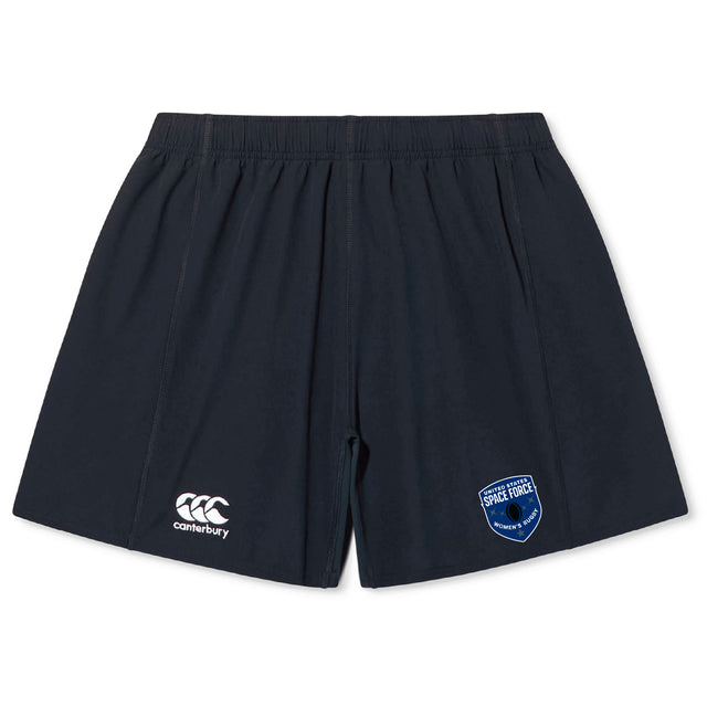 The US Space Force Women's Rugby Yokohama Short by EMB Canterbury features an elastic waistband, the Canterbury logo on the left leg, and a U.S. Space Force emblem on the right—ideal for rugby fans seeking both style and durability.