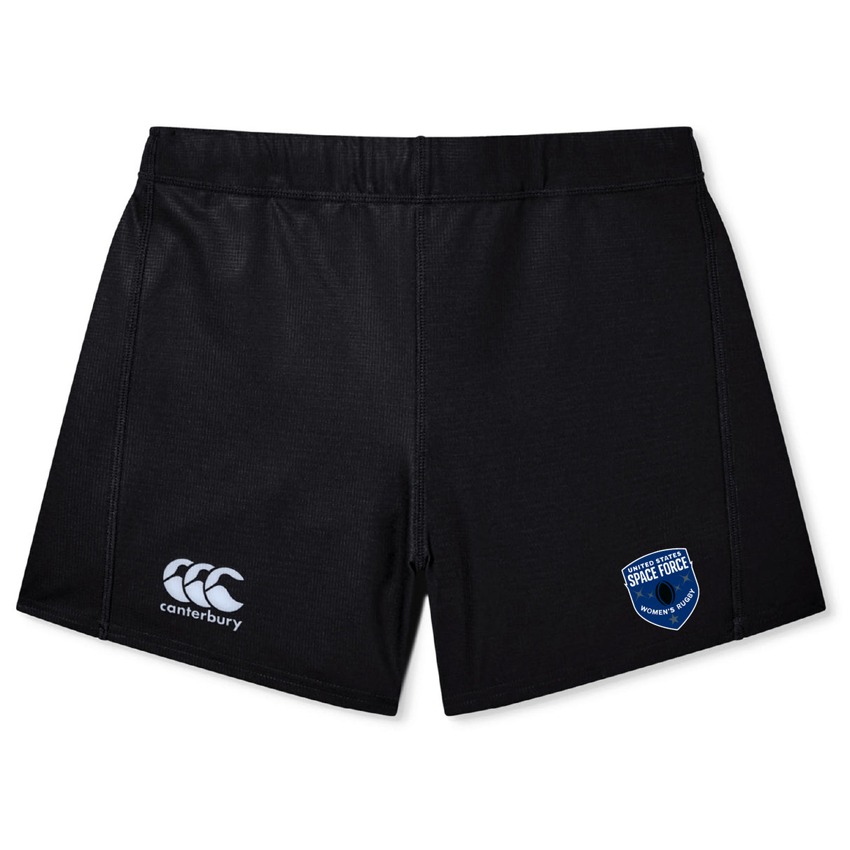 The US Space Force Women's Rugby Yokohama Short by EMB Canterbury features a white Canterbury rugby logo on the left leg and a blue-and-white Space Force patch on the right.
