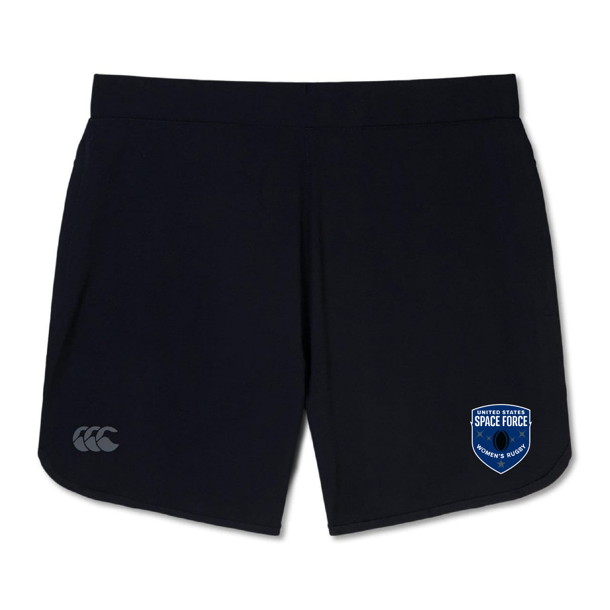 The EMB Canterbury US Space Force Women's Elite Woven Shorts feature the Space Force logo on the right leg and Canterbury logo on the left, offering comfort and style for workouts or daily wear.