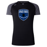 The US Space Force Women's Rugby Elite Training Tee by WRS Canterbury is a black and gray short-sleeve women's top with a front logo—ideal as a breathable workout shirt.