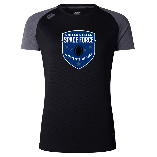 The US Space Force Women's Rugby Elite Training Tee by WRS Canterbury is a black and gray short-sleeve women's top with a front logo—ideal as a breathable workout shirt.