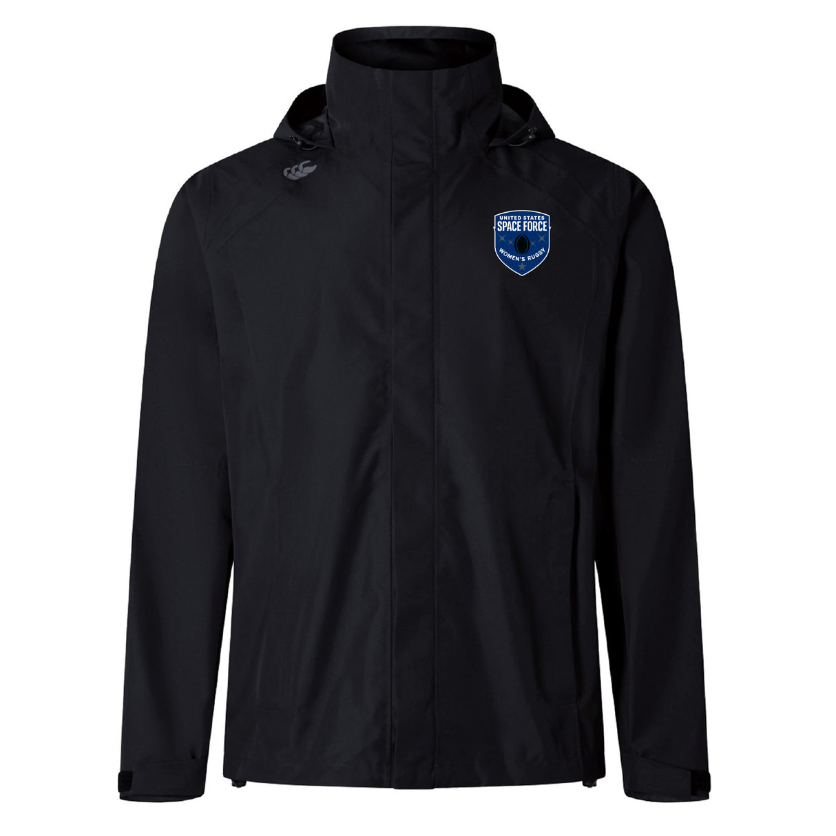 The US Space Force Women's Rugby Elite Storm Jacket by EMB Canterbury is a black waterproof jacket with a chest badge and embroidered shoulder logo, crafted from specialist fabrics for comfort and protection.