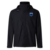 The US Space Force Women's Rugby Elite Storm Jacket by EMB Canterbury is a black waterproof jacket with a chest badge and embroidered shoulder logo, crafted from specialist fabrics for comfort and protection.