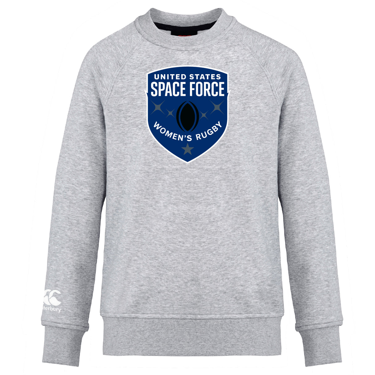 The US Space Force Women's Rugby Club Crew Sweatshirt by Canterbury, from WRS Canterbury, is ultra soft and gray with a large blue "United States Space Force Women's Rugby" shield logo on the front and an embroidered CCC logo on the left sleeve.
