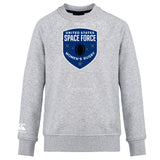 The US Space Force Women's Rugby Club Crew Sweatshirt by Canterbury, from WRS Canterbury, is ultra soft and gray with a large blue "United States Space Force Women's Rugby" shield logo on the front and an embroidered CCC logo on the left sleeve.