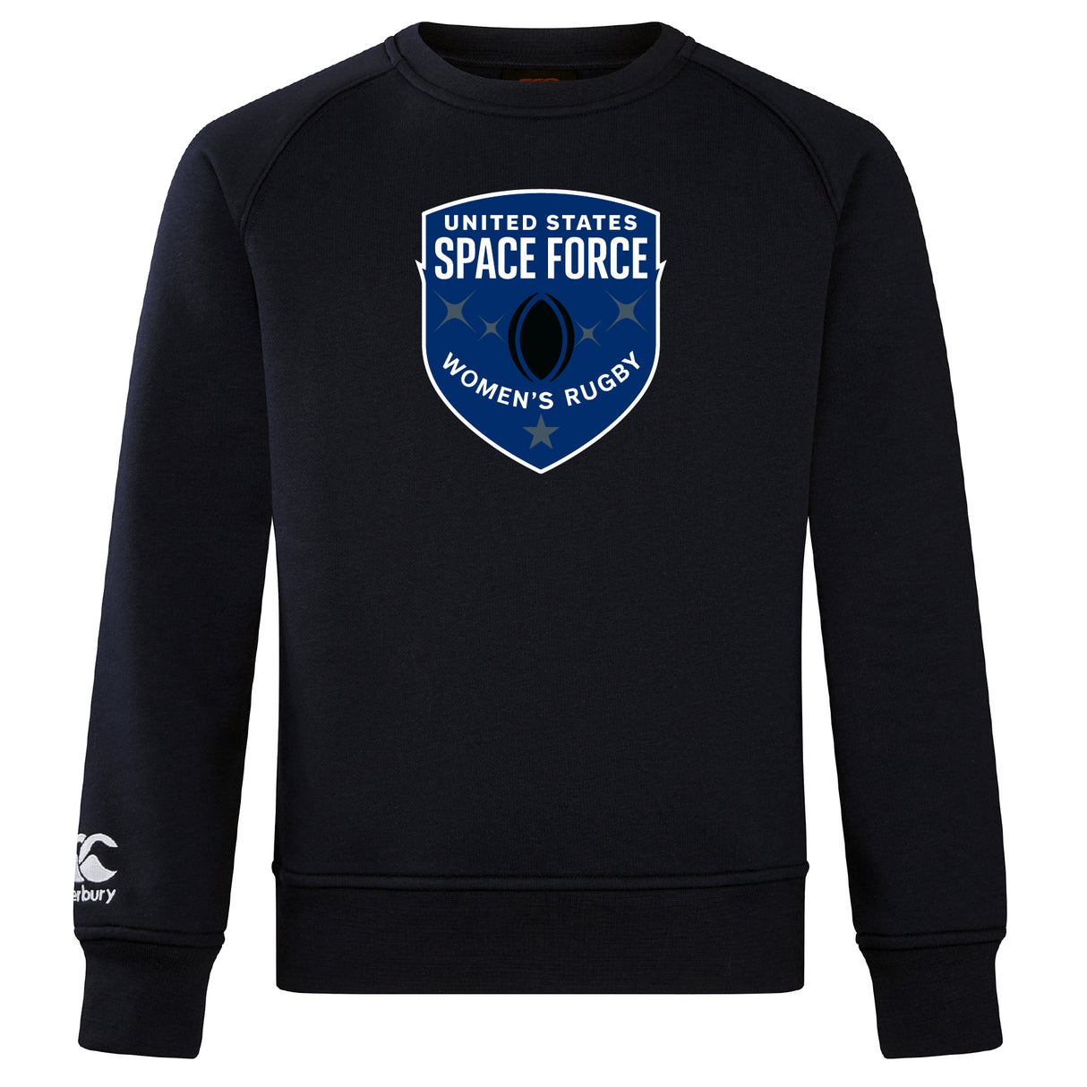 The US Space Force Women's Rugby Club Crew Sweatshirt by WRS Canterbury is a black ultra-soft crew with a chest logo and an embroidered CCC logo on the left sleeve.