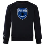 The US Space Force Women's Rugby Club Crew Sweatshirt by WRS Canterbury is a black ultra-soft crew with a chest logo and an embroidered CCC logo on the left sleeve.