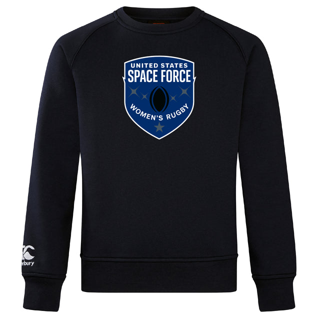 The US Space Force Women's Rugby Club Crew Sweatshirt by WRS Canterbury is a black ultra-soft crew with a chest logo and an embroidered CCC logo on the left sleeve.