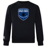 The US Space Force Women's Rugby Club Crew Sweatshirt by WRS Canterbury is a black ultra-soft crew with a chest logo and an embroidered CCC logo on the left sleeve.