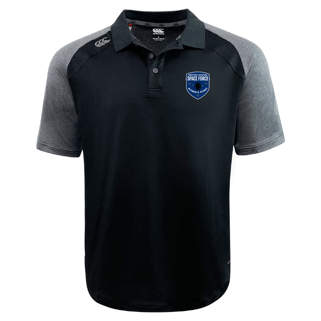 The US Space Force Women's Rugby Elite Polo by EMB Canterbury is a black and gray polo custom made with Vapodri fabric, featuring the United States Space Force logo on the left chest.