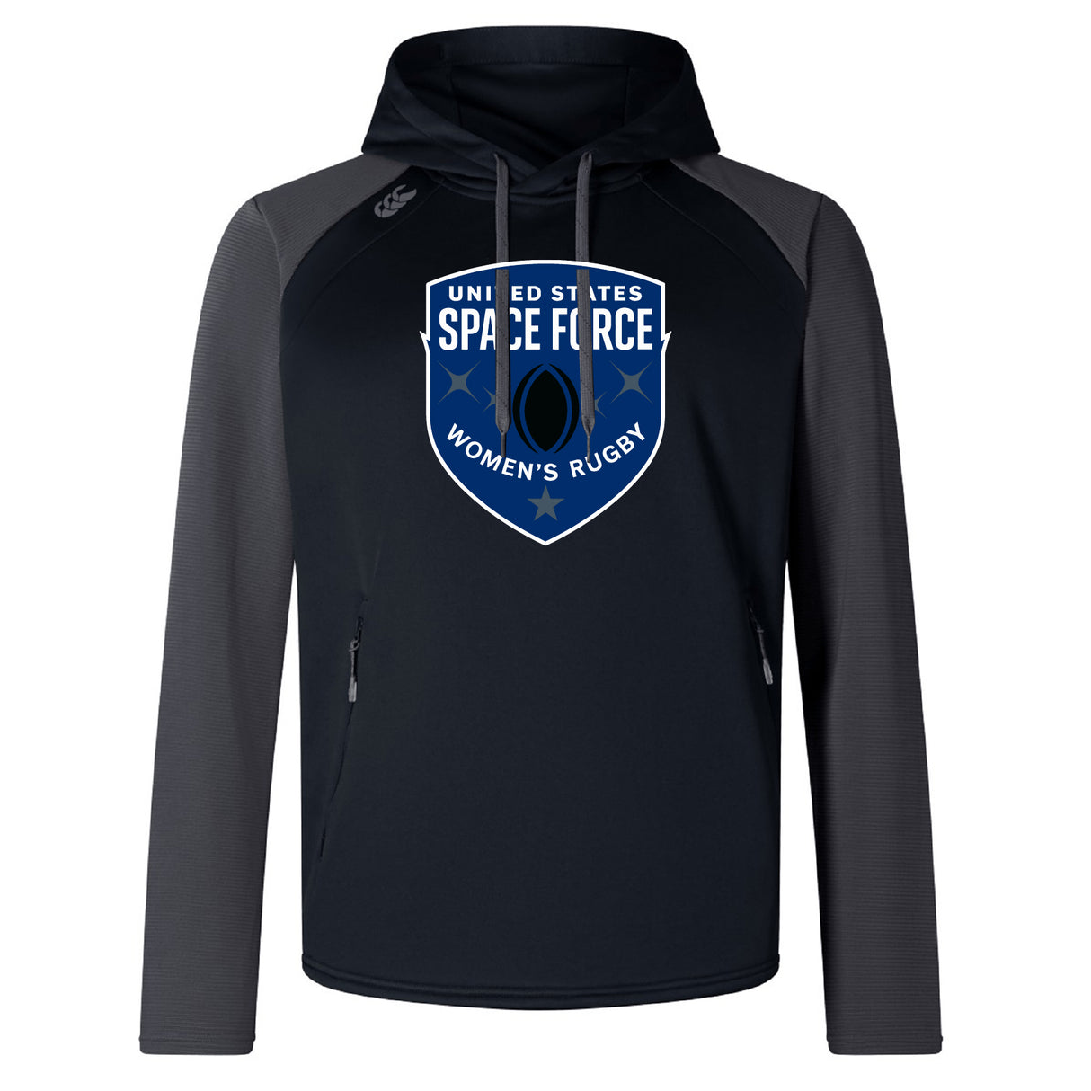 The WRS Canterbury US Space Force Women's Rugby Elite Training Hoody is a black and gray performance hoodie with the team logo on the chest, made from premium fabrics for comfort and durability.