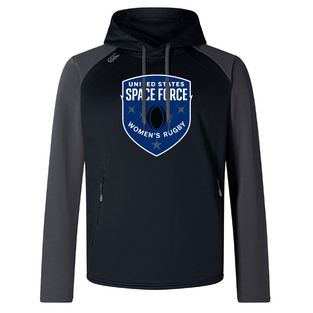 The WRS Canterbury US Space Force Women's Rugby Elite Training Hoody is a black and gray performance hoodie with the team logo on the chest, made from premium fabrics for comfort and durability.