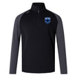 The EMB Canterbury US Space Force Women's Rugby Elite First Layer is a black and gray long-sleeve quarter-zip pullover with quick-drying VapoDri tech and a blue US Space Force logo on the left chest, inspired by rugby training tops.