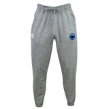 The EMB Canterbury US Space Force Women's Rugby Leisure Sweatpant is a gray sustainable fleece with an elastic waistband, drawstring, and two thigh logos: one white, one blue with text.