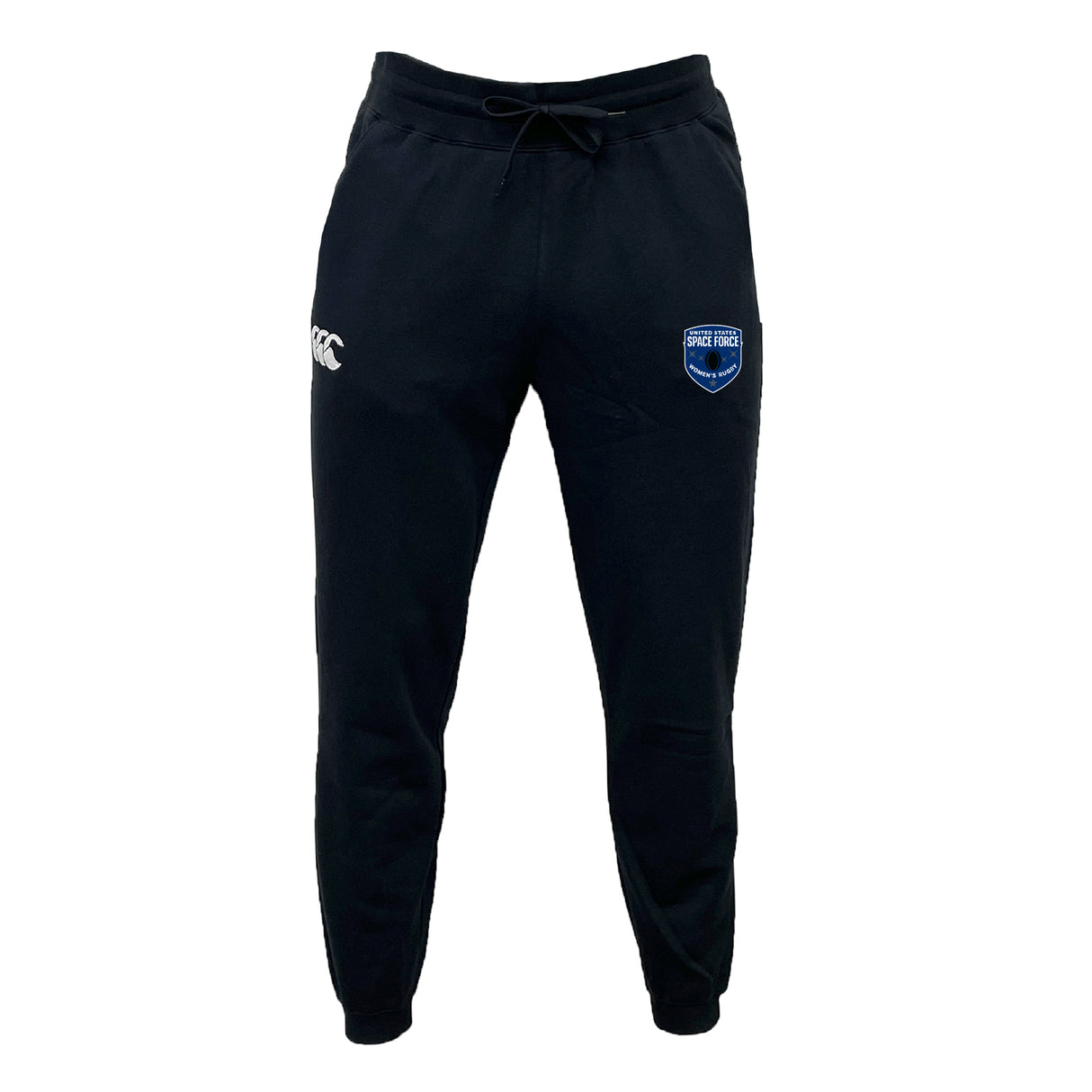 The US Space Force Women's Rugby Leisure Sweatpant by EMB Canterbury features a drawstring waist, white logo on the left thigh, blue shield logo on the right thigh, and is made from sustainable fleece for comfort and style.
