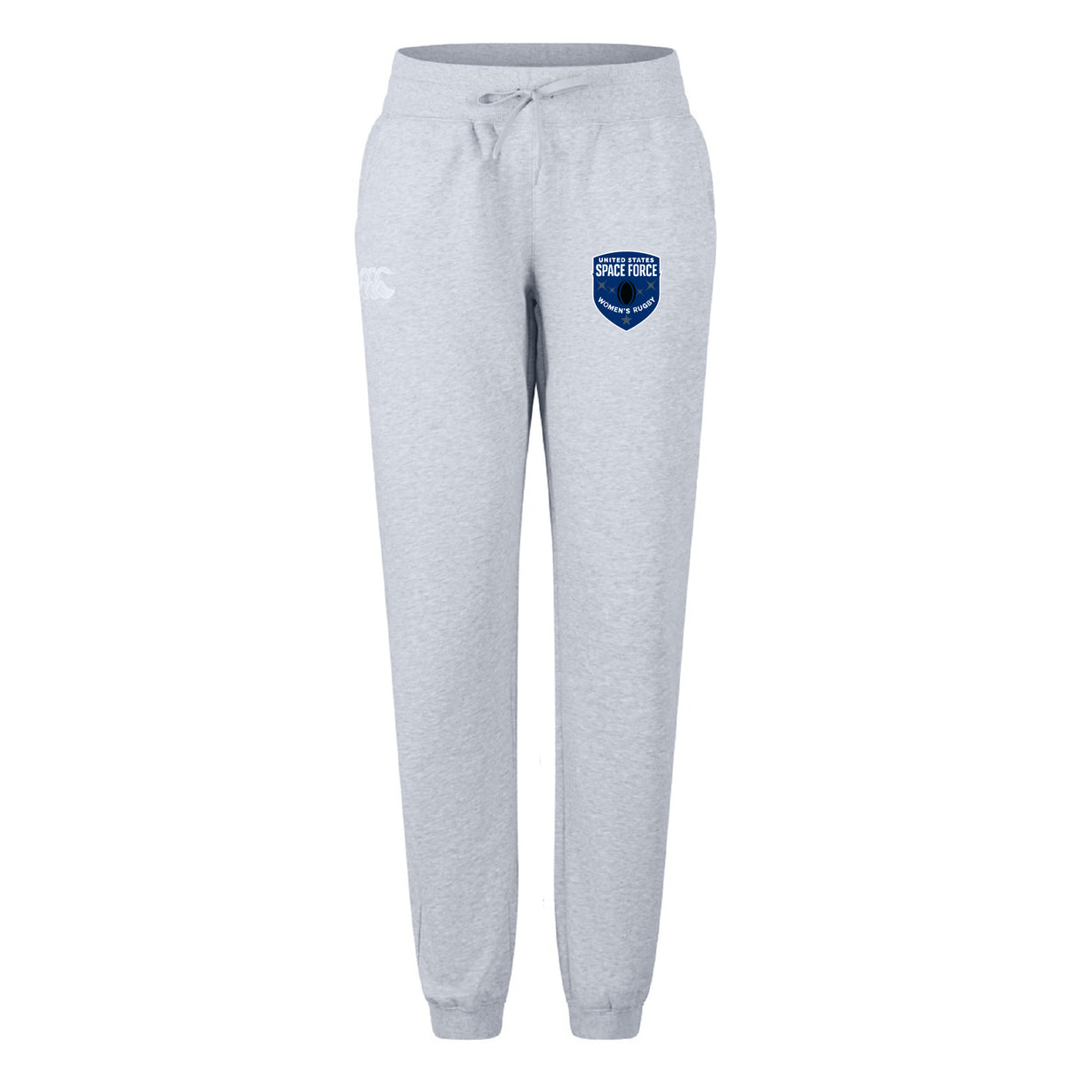 The EMB Canterbury US Space Force Women's Rugby Leisure Sweatpant features light gray fabric, a drawstring waist, and a blue Space Force logo on the right hip for casual comfort and effortless style.