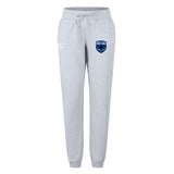 The EMB Canterbury US Space Force Women's Rugby Leisure Sweatpant features light gray fabric, a drawstring waist, and a blue Space Force logo on the right hip for casual comfort and effortless style.