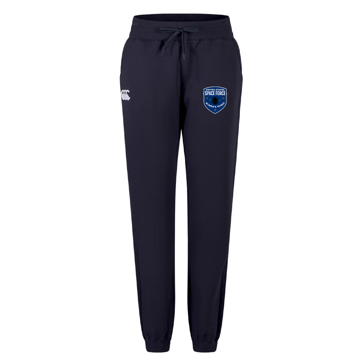 The EMB Canterbury US Space Force Women’s Rugby Sweatpant features a navy blue design, drawstring waist, cuffed ankles, left thigh white logo, and right thigh "Space Force" badge for relaxed sporty style.
