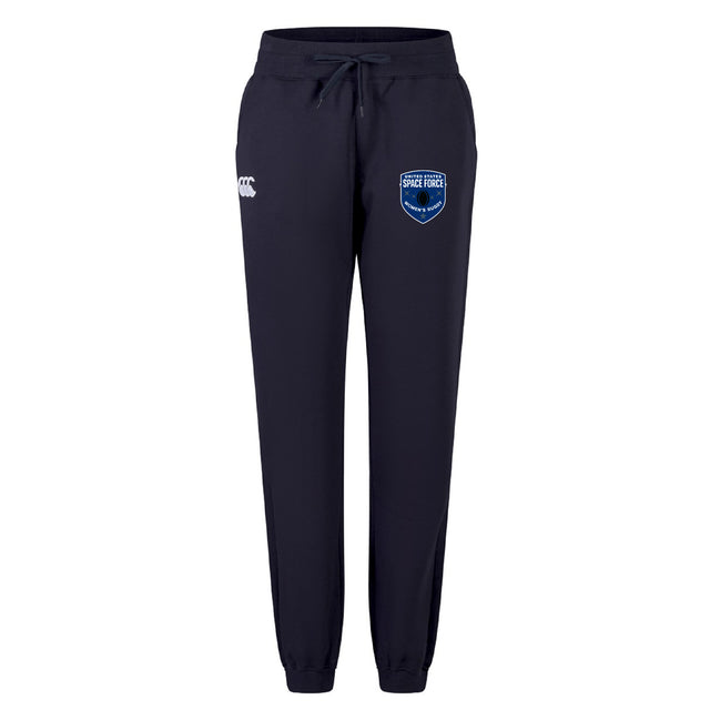 The EMB Canterbury US Space Force Women’s Rugby Sweatpant features a navy blue design, drawstring waist, cuffed ankles, left thigh white logo, and right thigh "Space Force" badge for relaxed sporty style.