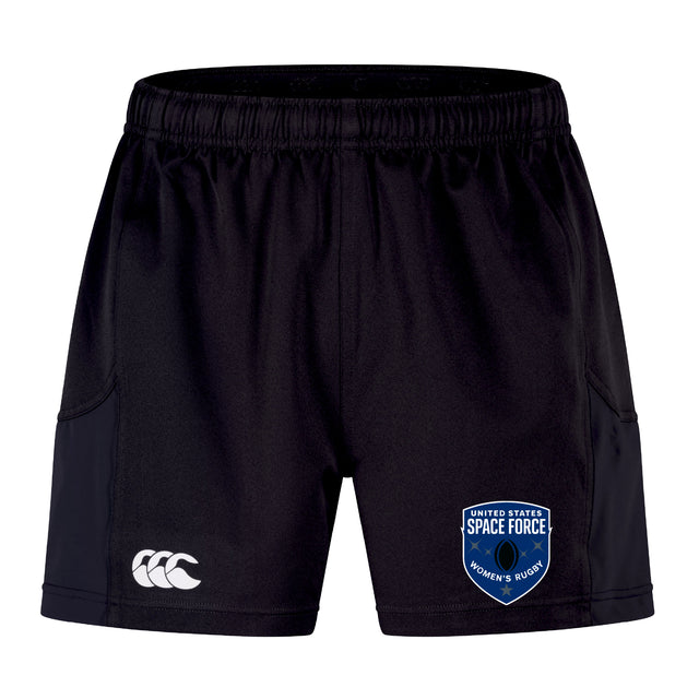 The EMB Canterbury US Space Force Women's Rugby Advantage Short 2.0 features the Canterbury logo on the left leg and a Space Force Women's Rugby badge on the right leg.