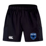 The EMB Canterbury US Space Force Women's Rugby Advantage Short 2.0 features the Canterbury logo on the left leg and a Space Force Women's Rugby badge on the right leg.