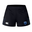 The EMB Canterbury US Space Force Women's Rugby Advantage Short 2.0 features black fabric, a white Canterbury logo on the left leg, a blue US Space Force emblem on the right, and is made with recycled materials for sustainability.