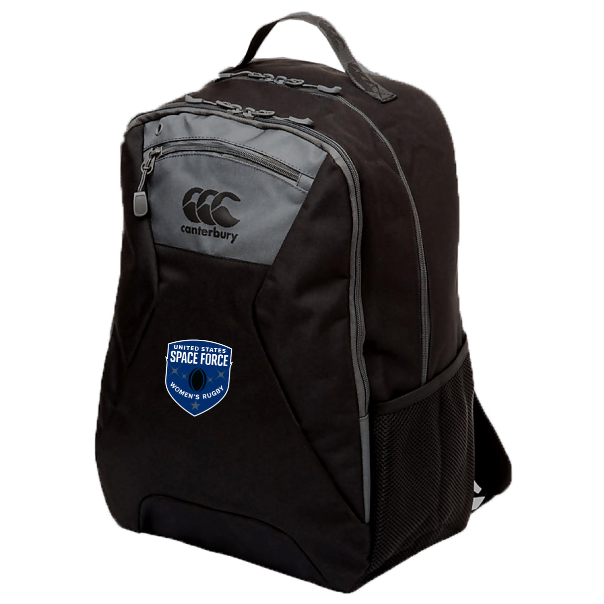 The EMB Canterbury US Space Force Women's Rugby Medium Backpack features a front patch and padded laptop pocket for added protection.