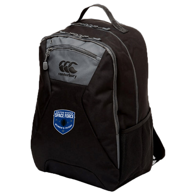 The EMB Canterbury US Space Force Women's Rugby Medium Backpack features a front patch and padded laptop pocket for added protection.
