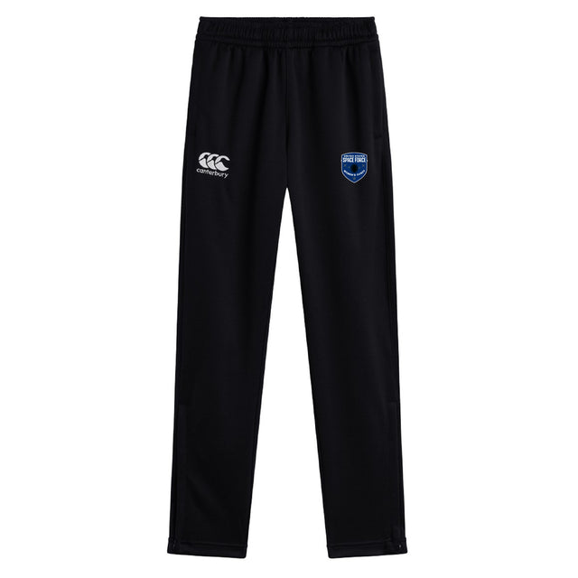 The US Space Force Women's Rugby Stretch Tapered Pant by EMB Canterbury features an elastic waistband, white Canterbury logo, blue shield emblem on the upper thighs, and quick dry fabric for all-day comfort.