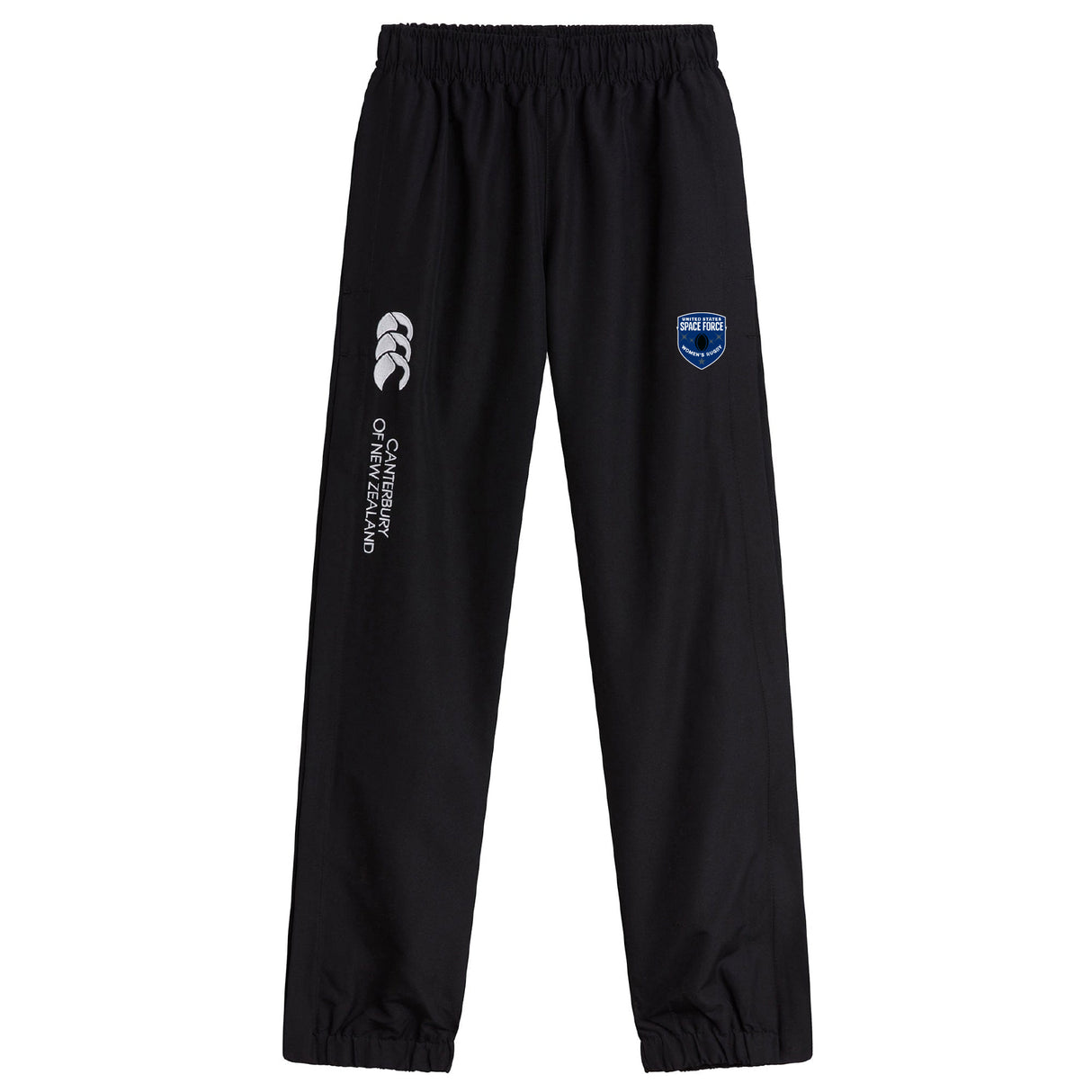 The US Space Force Women's Rugby Cuffed Hem Stadium Pant by EMB Canterbury features an elastic waistband, cuffed hems, a white Canterbury logo on one leg, and a blue Shield Rugby badge—ideal women's rugby pants.