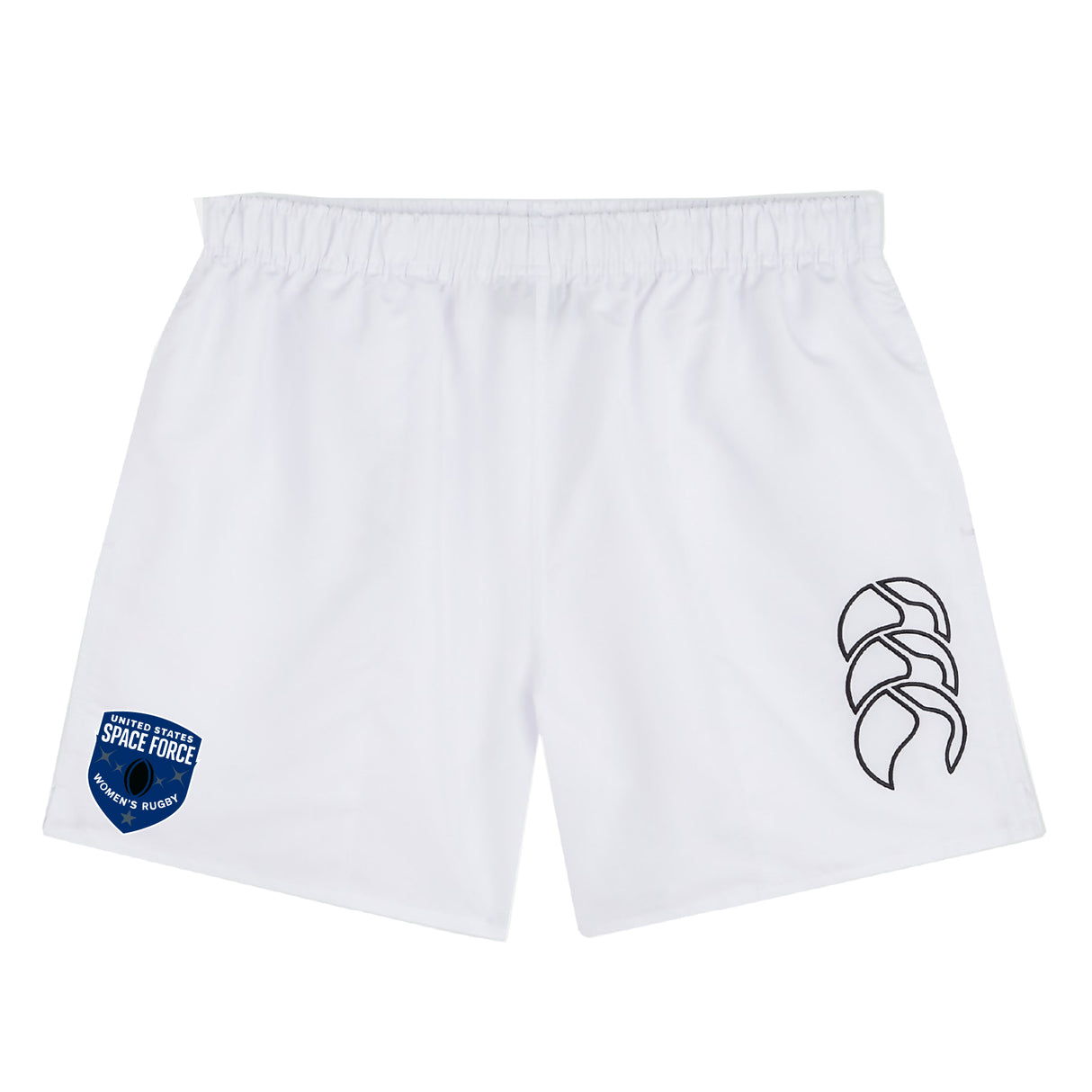 The US Space Force Women's Rugby Tactic Short by EMB Canterbury features an elastic waistband, a blue "United States Space Force" patch on the left leg, and a black logo on the right—perfect for gym or rugby training.
