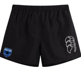 The US Space Force Women's Rugby Tactic Short by EMB Canterbury features a white abstract logo on the right leg and a blue United States Space Force patch on the left—perfect for gym training or athletic activities.