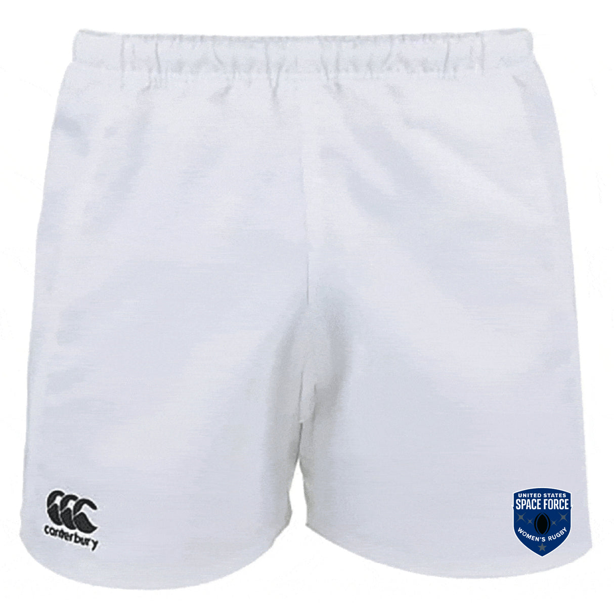 The EMB Canterbury US Space Force Women's Rugby Professional Polyester Shorts feature white fabric, a black Canterbury logo on the left leg, and a blue United States Space Force Academy Rugby badge on the right.