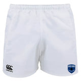 The EMB Canterbury US Space Force Women's Rugby Professional Polyester Shorts feature white fabric, a black Canterbury logo on the left leg, and a blue United States Space Force Academy Rugby badge on the right.