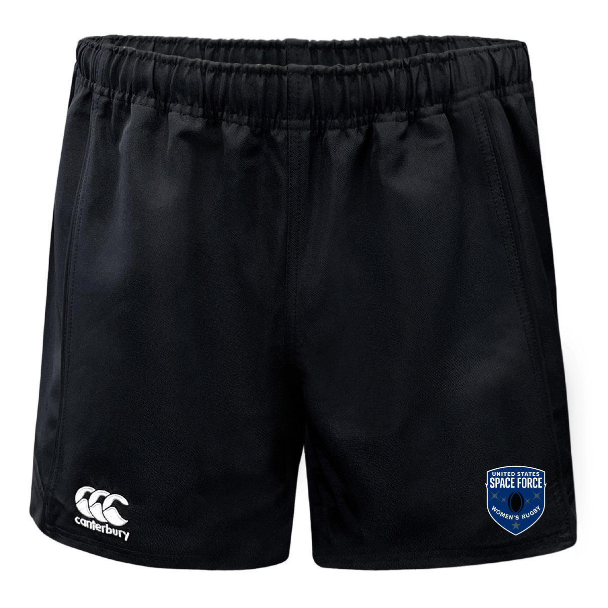 The EMB Canterbury US Space Force Women's Rugby Professional Polyester Rugby Short features an elastic waistband, Canterbury logo on the left, and a U.S. Space Force Women’s Rugby badge on the right.