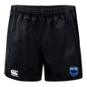 The EMB Canterbury US Space Force Women's Rugby Professional Polyester Rugby Short features an elastic waistband, Canterbury logo on the left, and a U.S. Space Force Women’s Rugby badge on the right.