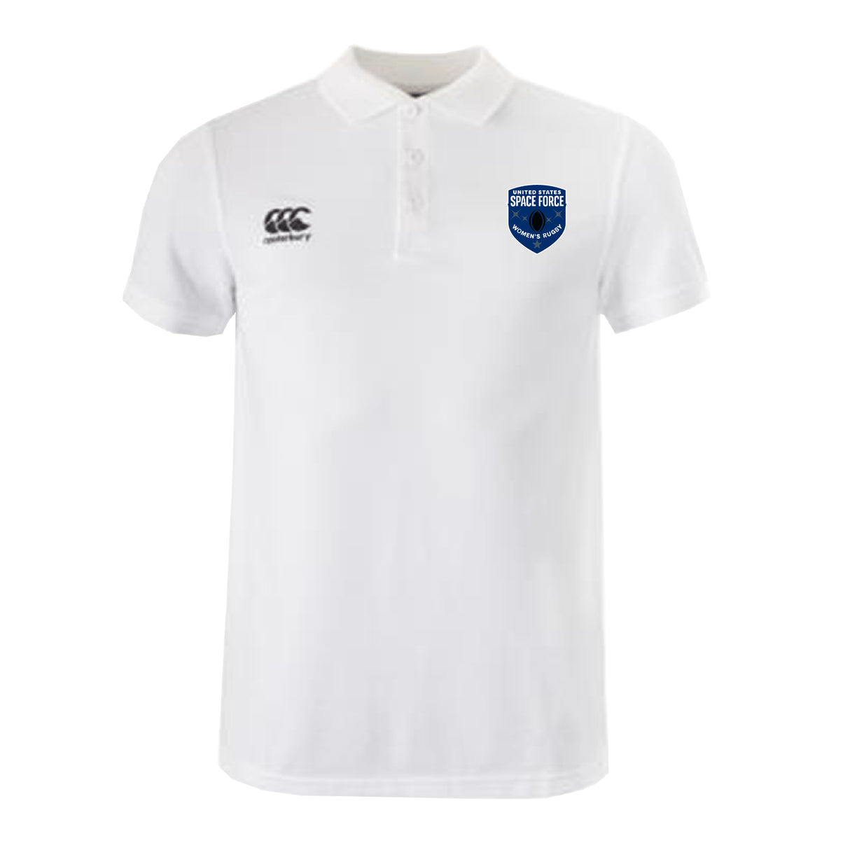 The US Space Force Women's Rugby Waimak Polo by EMB Canterbury features a white short-sleeve design, button placket, black logo on the right chest, and a blue "Space Force" crest on the left—classic rugby style for fans.