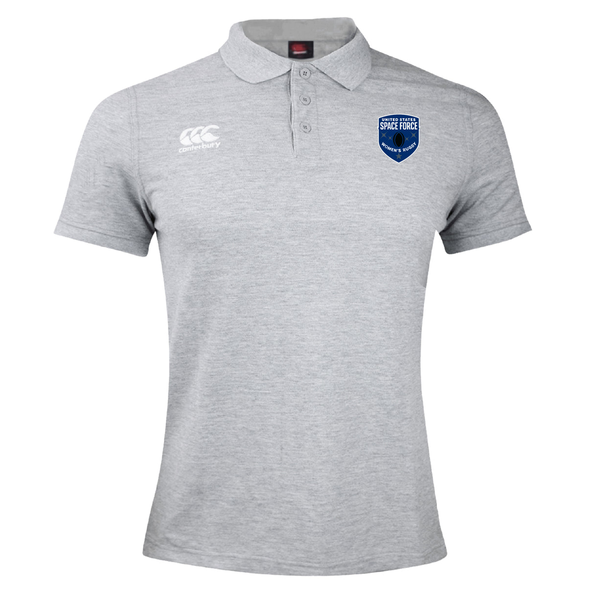 Show your support with the US Space Force Women's Rugby Waimak Polo by EMB Canterbury, a light gray short-sleeve shirt featuring a white Canterbury logo and blue Space Force emblem on the chest. Perfect for fans and supporters alike.