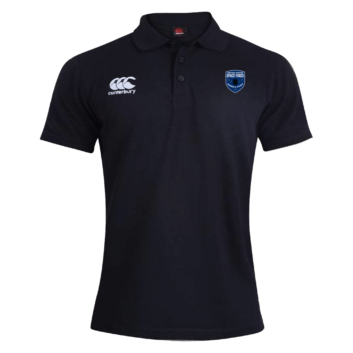 The US Space Force Women's Rugby Waimak Polo by EMB Canterbury is a black short-sleeve polo with a collar, featuring a white "Canterbury" logo and a blue shield emblem on the chest.