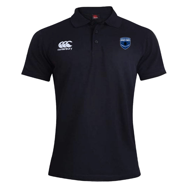 The US Space Force Women's Rugby Waimak Polo by EMB Canterbury is a black short-sleeve polo with a collar, featuring a white "Canterbury" logo and a blue shield emblem on the chest.