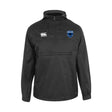 The US Space Force Women's Rugby Packaway Jacket by EMB Canterbury is a black nylon, water-resistant windbreaker with a hood, front zipper pocket, and chest logos: Canterbury on the right and a blue shield emblem on the left.