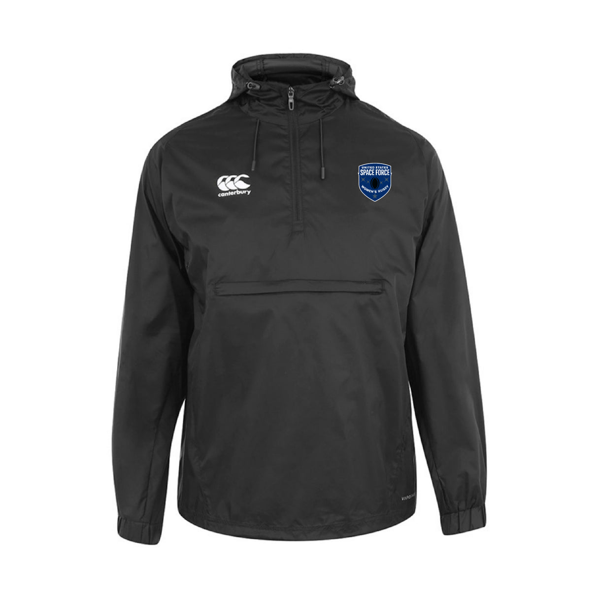 The US Space Force Women's Rugby Packaway Jacket by EMB Canterbury is a black nylon, water-resistant windbreaker with a hood, front zipper pocket, and chest logos: Canterbury on the right and a blue shield emblem on the left.