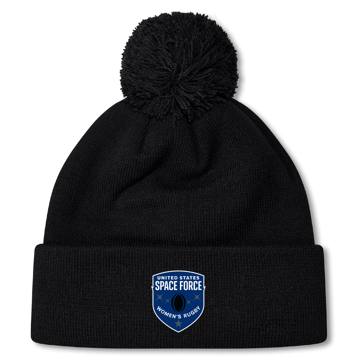 Stay warm and stylish with the US Space Force Women's Rugby Pom Pom Beanie by EMB Canterbury, featuring a black fleece lining, pom-pom, and a front patch reading "United States Space Force Women's Rugby.