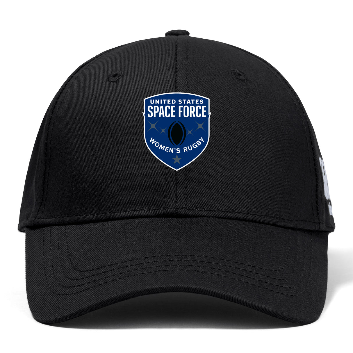 The EMB Canterbury US Space Force Women's Rugby Flexfit Drill Cap is a black cap with a blue and white team shield logo on the front.
