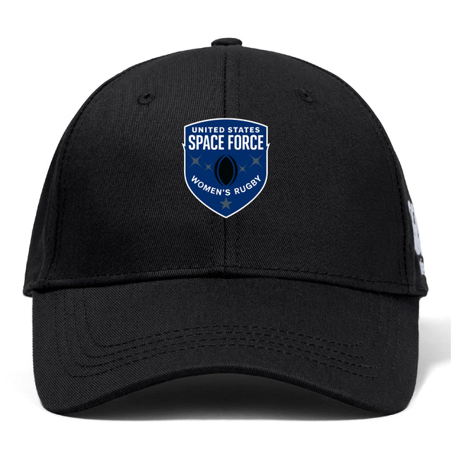 The EMB Canterbury US Space Force Women's Rugby Flexfit Drill Cap is a black cap with a blue and white team shield logo on the front.