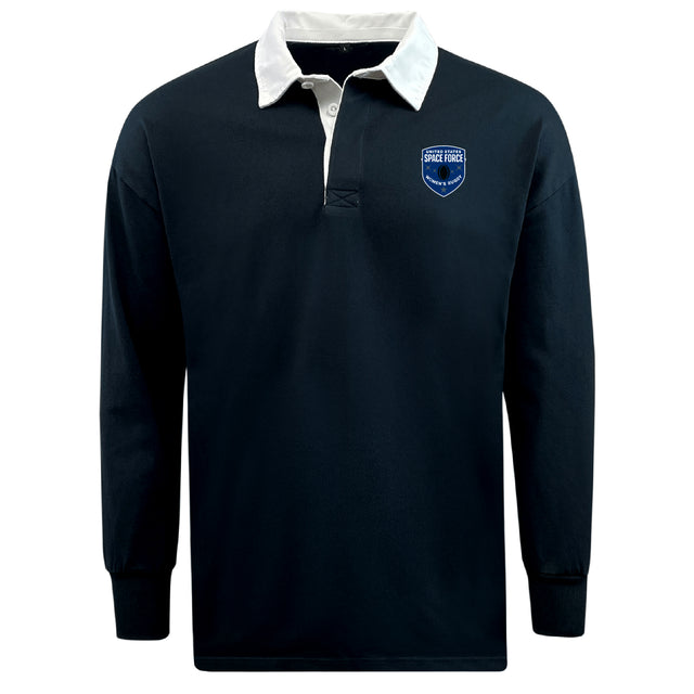 The EMB Mudoo US Space Force Women's Rugby Classic Long Sleeve Solid Rugby Jersey features a black design, white collar, and blue embroidered Space Force logo on the left chest for a timeless look.