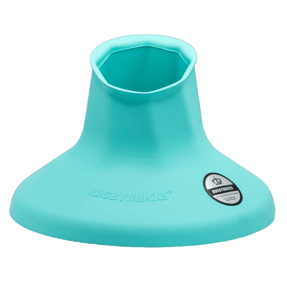 The Rugby Bricks Vortex Mid Cut Kicking Tee is turquoise with "Rugby Bricks" branding and a circular side logo, designed to hold a rugby ball upright for precise kicking.