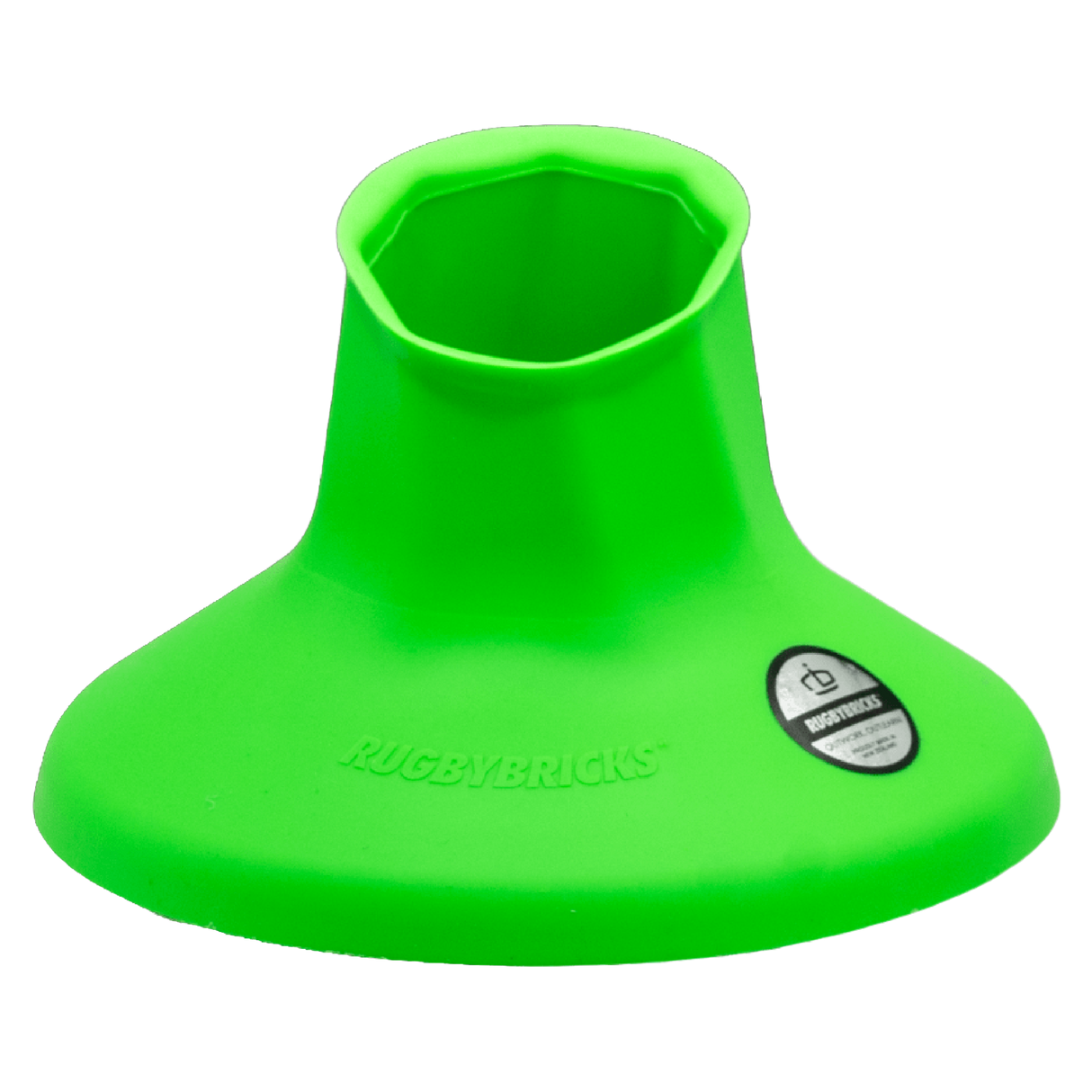 The Rugby Bricks Vortex Mid Cut Kicking Tee, in bright green with a wide base and hexagonal opening for accuracy, is displayed against a plain white background.